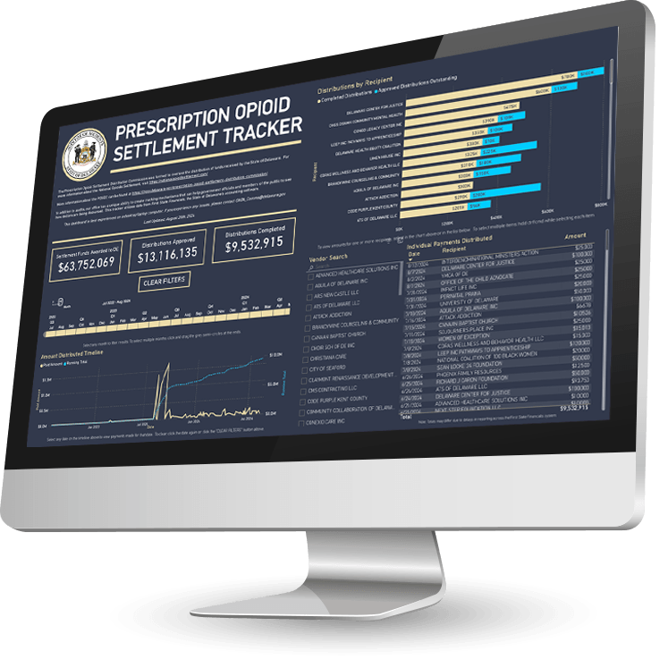 Monitor showing The Prescription Opioid Settlement Tracker